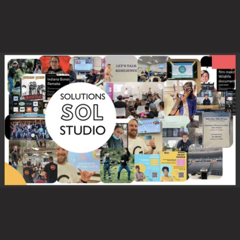 Solutions Sol Studio promotional collage of diverse workshop, facilitation and community engagement activities surrounding the brand logo on a dark background